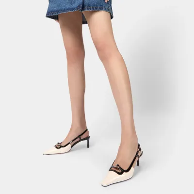Roger Vivier Viv' Canard Slingback Pumps High Heels In Black/White Leather With Metal Buckle (Heel Height 5.5cm)