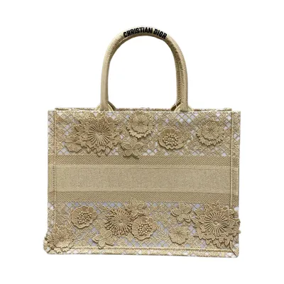 Dior Medium Dior Book Tote Beige D-Lace Flowers Embroidery with Macramé