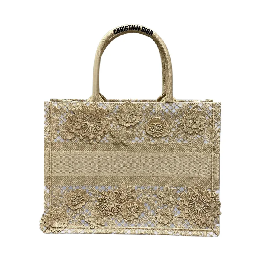 Dior Medium Dior Book Tote Beige D-Lace Flowers Embroidery with Macramé