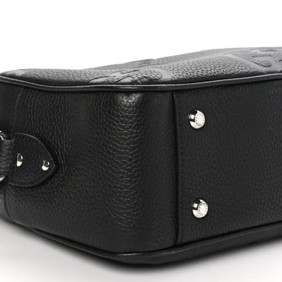 Gucci Medium Jumbo GG Messenger Bag Black Embossed Piuma Calfskin Leather Silver Hardware