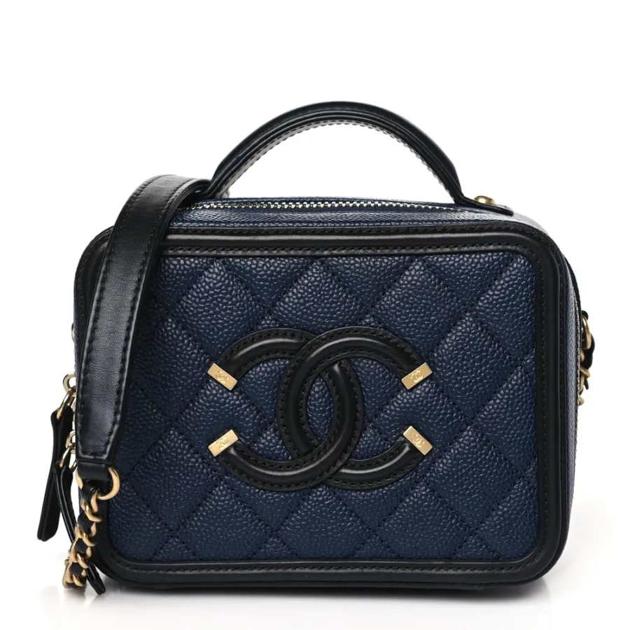 Chanel CC Filigree Vanity Case Small Navy/Black Quilted Caviar Leather Gold Hardware