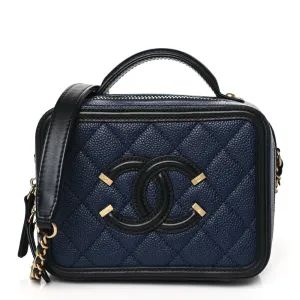 Chanel CC Filigree Vanity Case Small Navy/Black Quilted Caviar Leather Gold Hardware