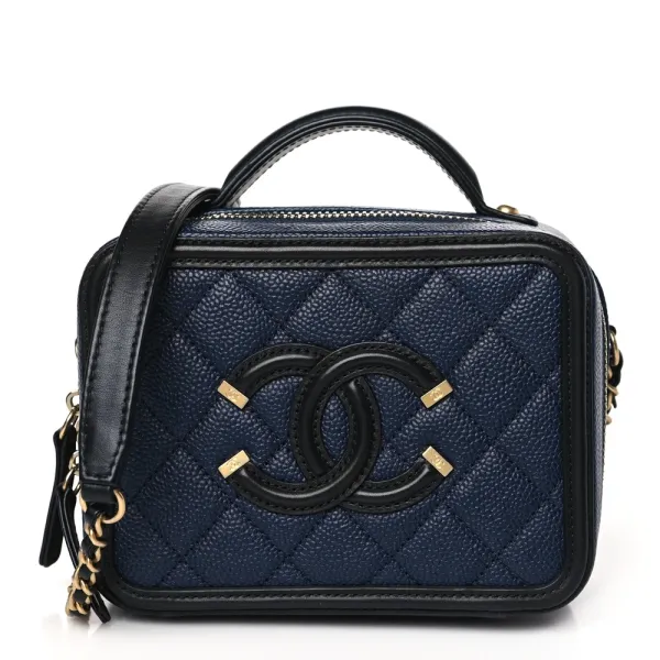 Chanel CC Filigree Vanity Case Small Navy/Black Quilted Caviar Leather Gold Hardware