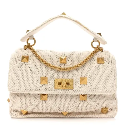 Valentino Garavani Large Roman Stud Shoulder Bag Ecru Knit Gold Hardware