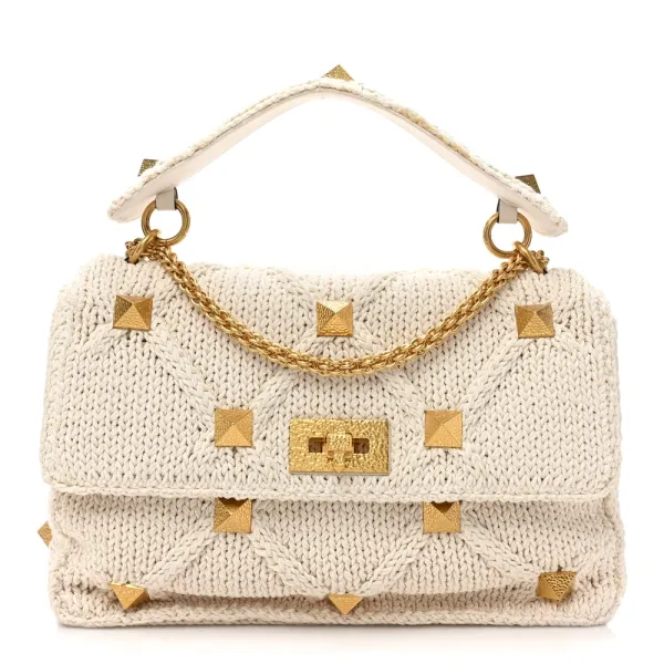 Valentino Garavani Large Roman Stud Shoulder Bag Ecru Knit Gold Hardware