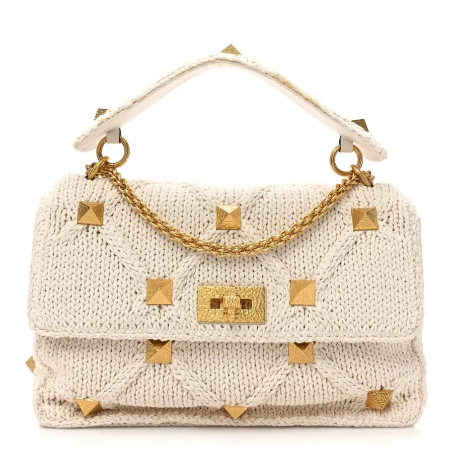 Valentino Garavani Large Roman Stud Shoulder Bag Ecru Knit Gold Hardware