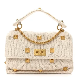 Valentino Garavani Large Roman Stud Shoulder Bag Ecru Knit Gold Hardware