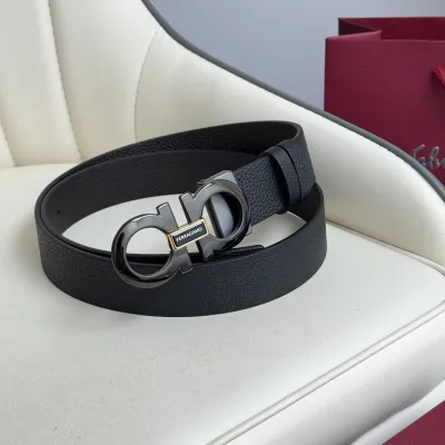 Ferragamo Men's Double Gancini Buckle Belt In Black Grained Calfskin With Gold/Silver/Black Hardware 35mm