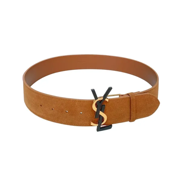 Saint Laurent Pairs Belt In Brown/Coffee Suede Leather With Gold/Silver Hardware 50mm - Image 7