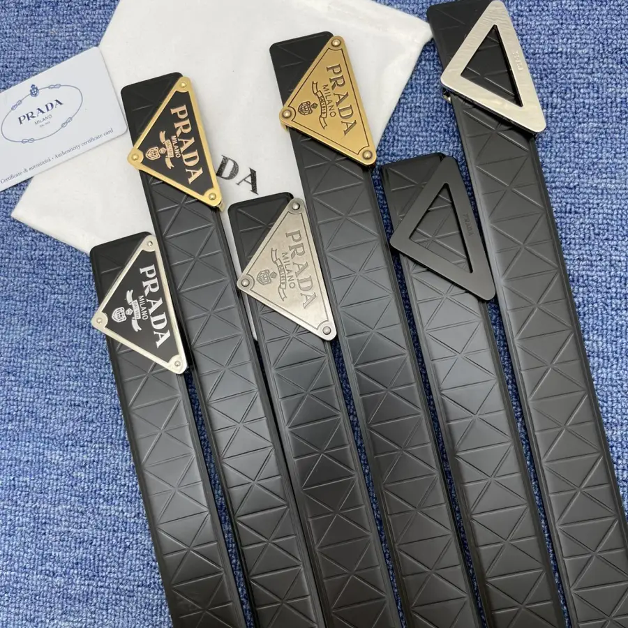 Prada Men' s Triangled Buckle Belt In Black Calfskin With Gold/Silver/Black Hardware 35mm