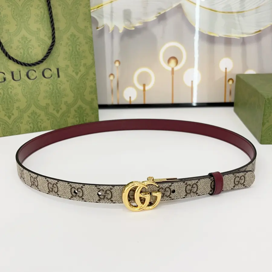 Gucci Women's GG Buckle Marmont Reversible Belt In Red Calfskin And Beige Canvas With Gold/Silver Hardware 20mm
