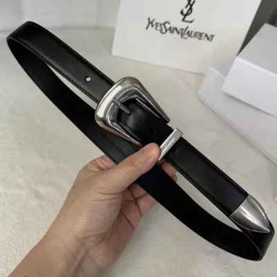 Saint Laurent Folk Buckle Belt In Black Brushed Leather With Gold/Silver Hardware 25mm