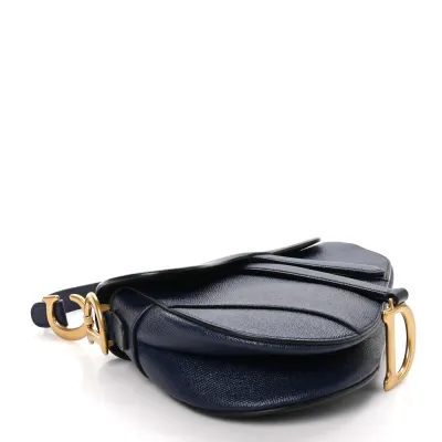Dior Medium Saddle Bag Navy Blue Grained Calfskin Leather Gold Hardware