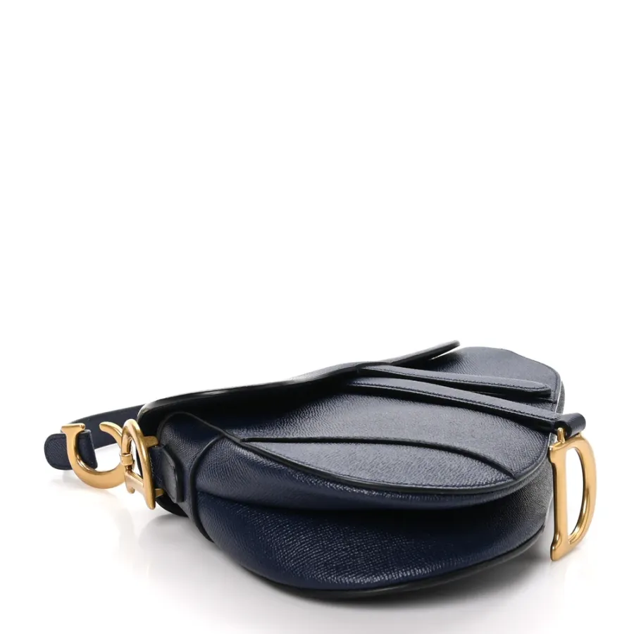 Dior Medium Saddle Bag Navy Blue Grained Calfskin Leather Gold Hardware