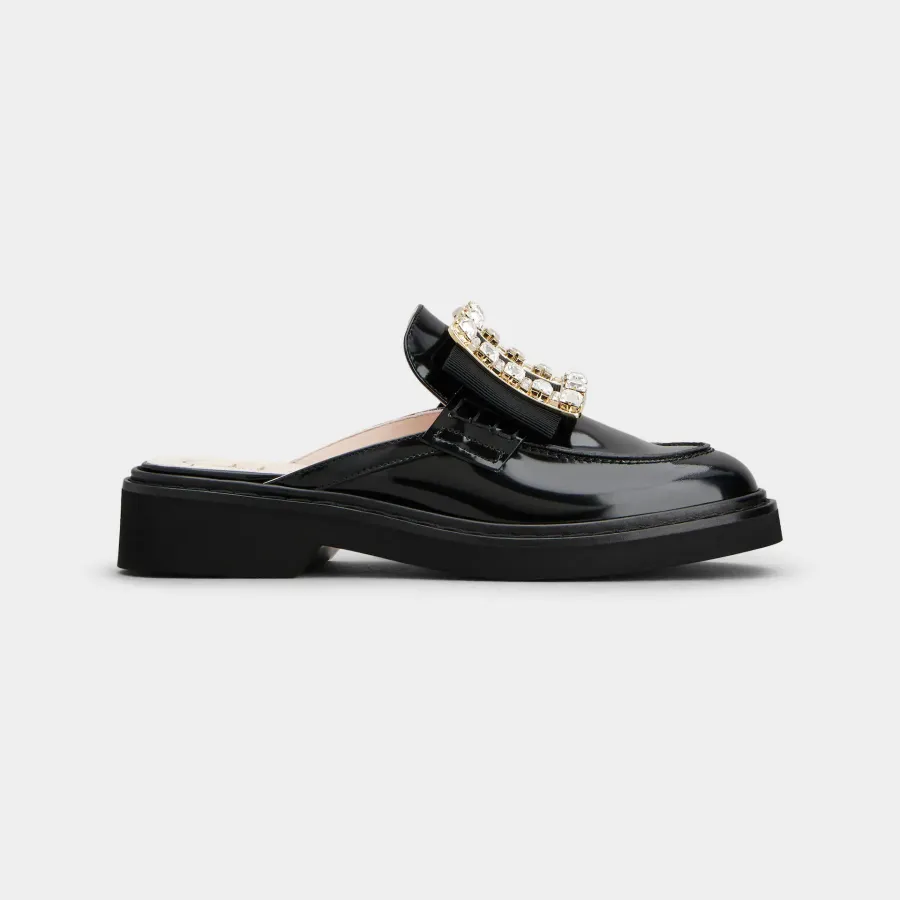 Roger Vivier Viv' Rangers Mules Loafers In Black Patent Leather With Crystal Buckle