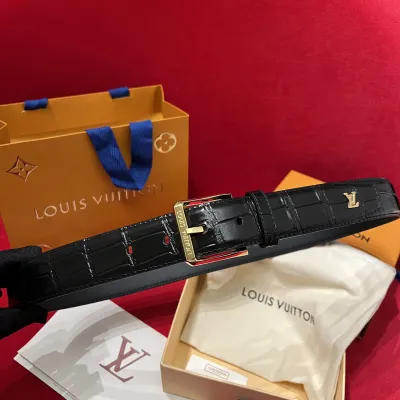Louis Vuitton Men's Heritage Belt In Black Crocodile-Embossed Calfskin With Gold/Silver/Black Hardware 35mm
