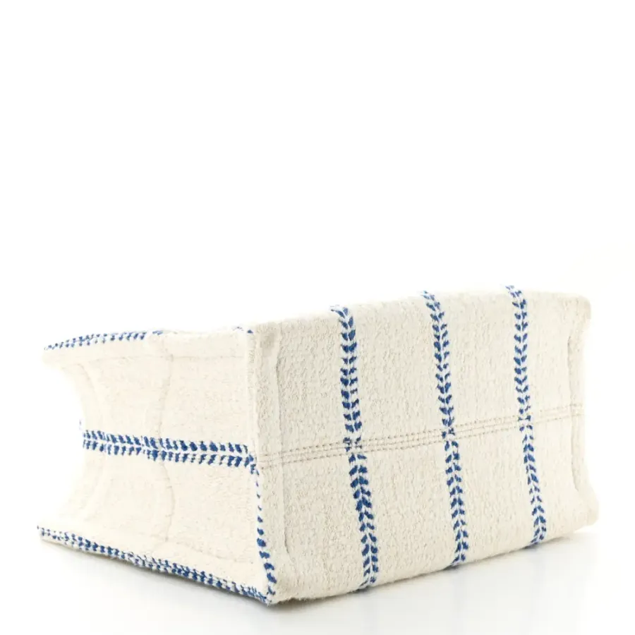 Celine Small Cabas Thais Tote Bag White/Blue Canvas & Calfskin Leather Stripe