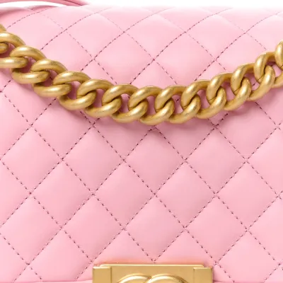 Chanel Boy Flap Medium Light Pink Quilted Calfskin Leather Aged Gold Hardware