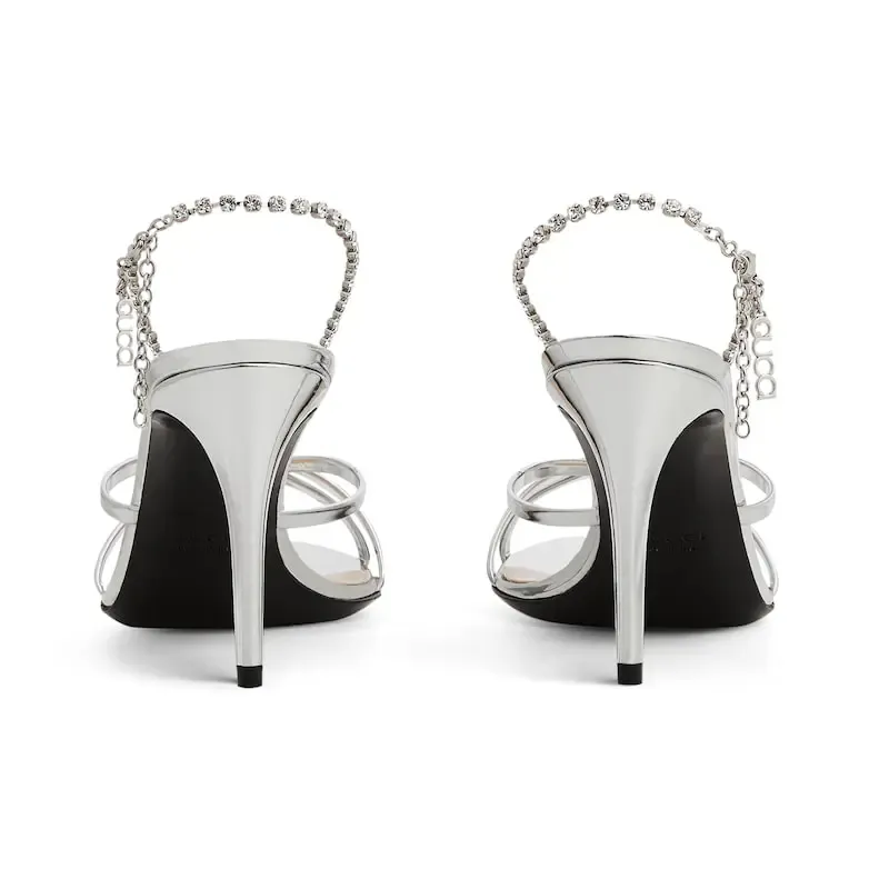 Gucci silvery crystal chain round head high heels sandal