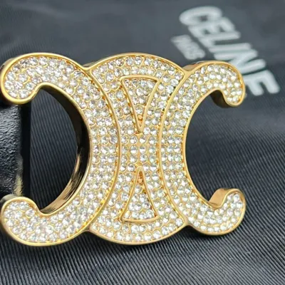 Celine Triomphe Buckle With Crystals Revesible Belt In Black/Brown Calfskin With Gold Hardware 25mm