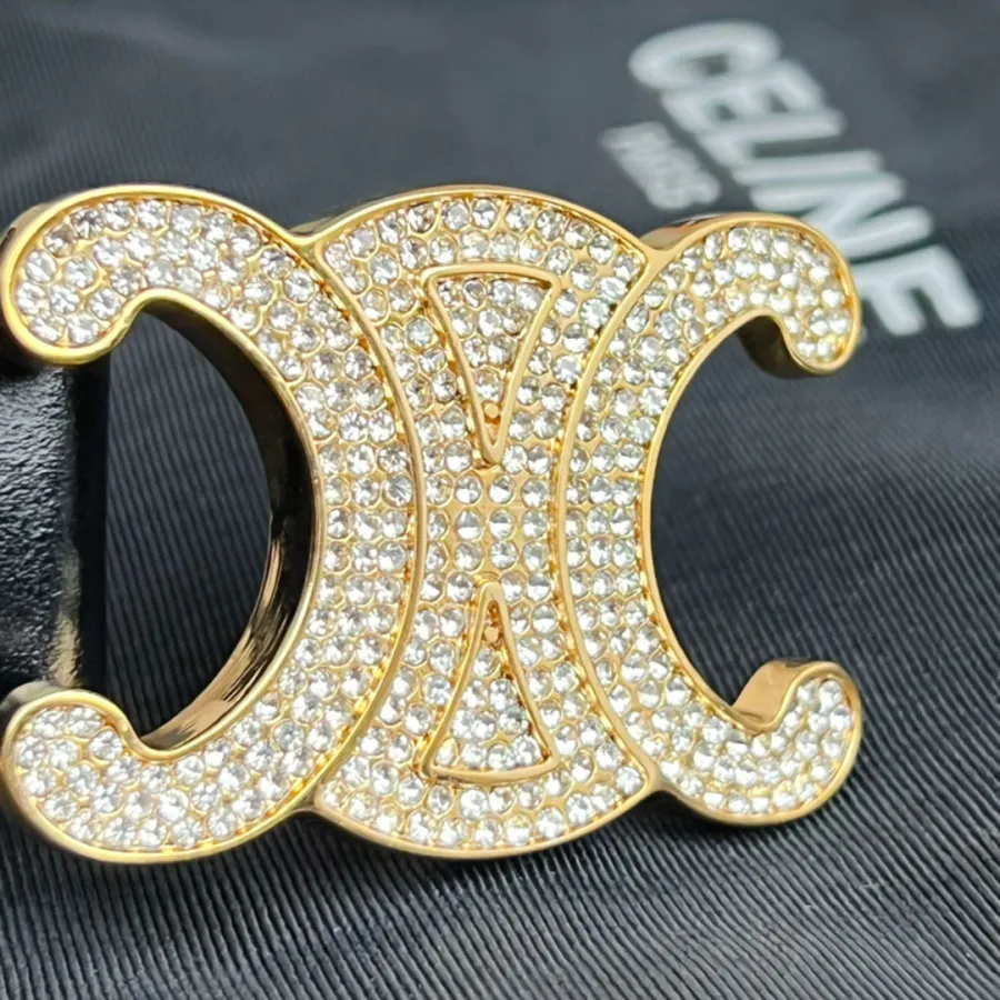 Celine Triomphe Buckle With Crystals Revesible Belt In Black/Brown Calfskin With Gold Hardware 25mm