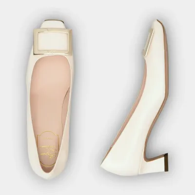 Roger Vivier Trompette Pumps High Heels In White Patent Leather With Metal Buckle (Heel Height 4.5cm)