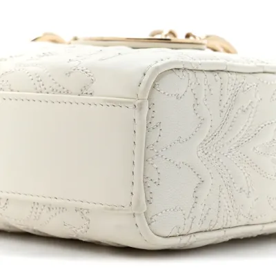 Dior Medium Lady D-Joy White Ornamental Embroidered Calfskin Leather Gold Hardware