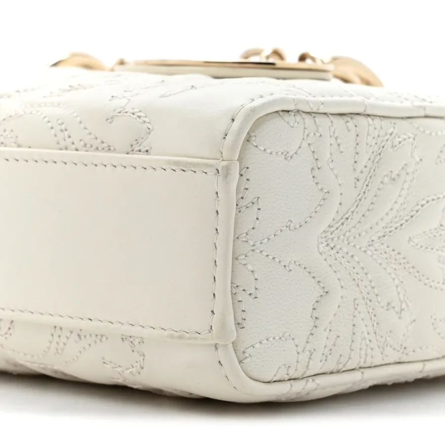 Dior Medium Lady D-Joy White Ornamental Embroidered Calfskin Leather Gold Hardware