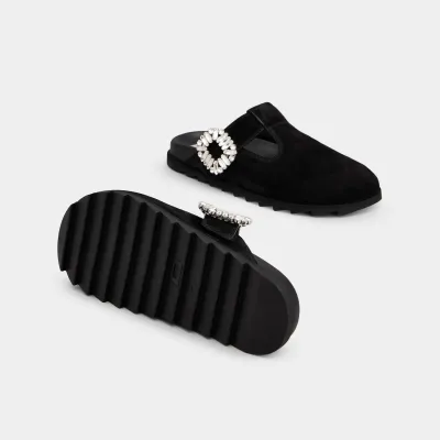 Roger Vivier Slidy Viv' Mules Birkenstocks In Black Suede With Crystal Buckle
