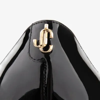 JIMMY CHOO JC badge embellishes black Patent paint leather high heels