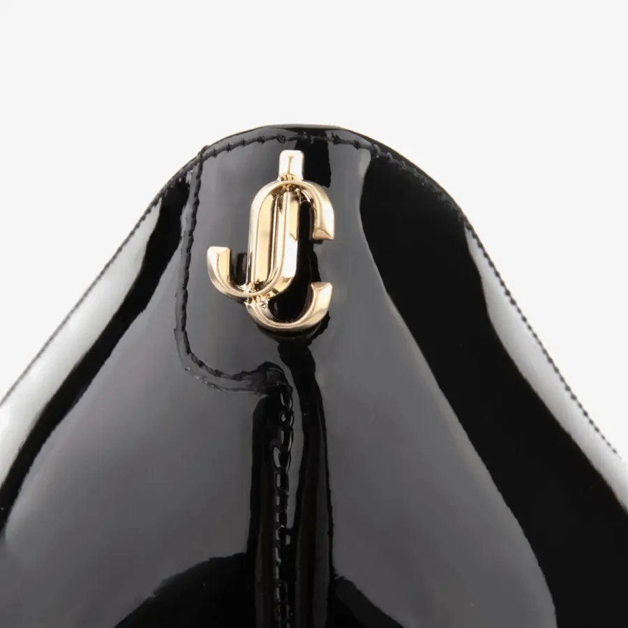 JIMMY CHOO JC badge embellishes black Patent paint leather high heels