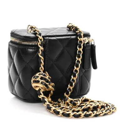 Chanel Pearl Crush Vanity Case With Chain Mini Black Quilted Lambskin Leather Gold Hardware
