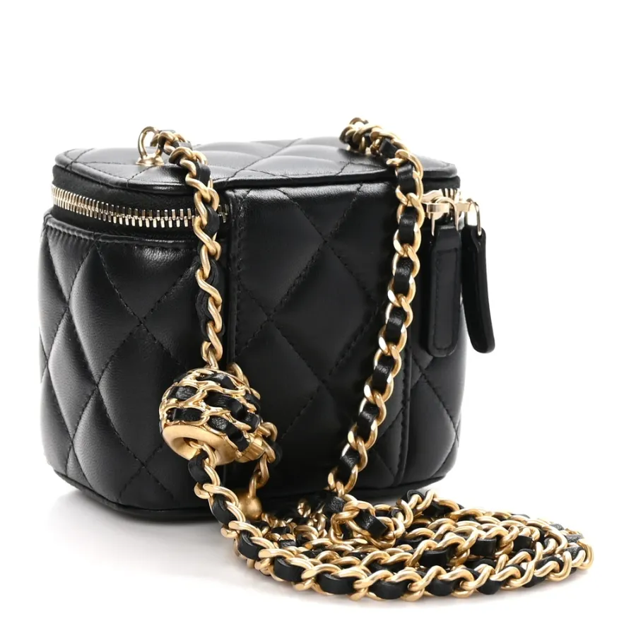 Chanel Pearl Crush Vanity Case With Chain Mini Black Quilted Lambskin Leather Gold Hardware