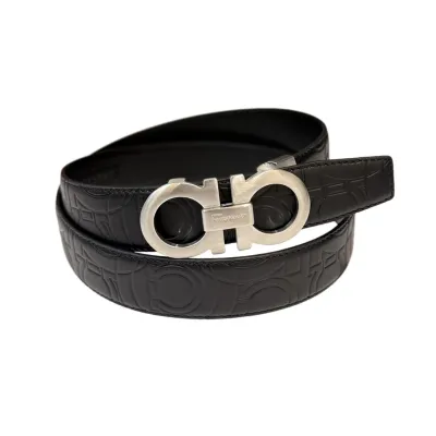 Ferragamo Men's Double Gancini Buckle Reversible Belt In Black/Coffee Grained Calfskin With Gold/Silver Hardware 35mm