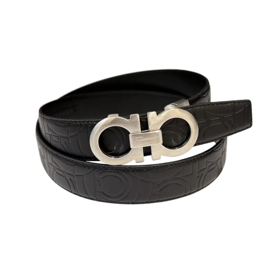 Ferragamo Men's Double Gancini Buckle Reversible Belt In Black/Coffee Grained Calfskin With Gold/Silver Hardware 35mm