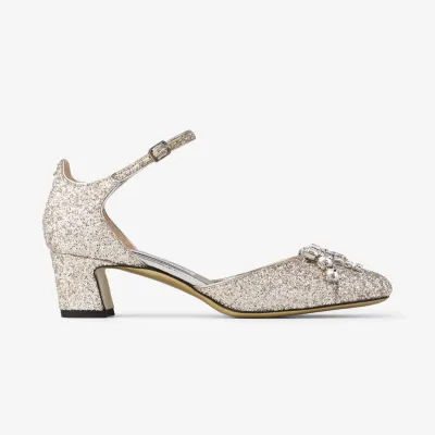 JIMMY CHOO Sand-colored shimmer fabric heels Thick heeled heels