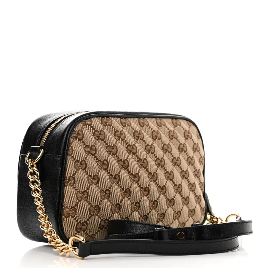 Gucci Small Diagonal GG Marmont Chain Shoulder Bag Beige/Black GG Monogram Canvas & Matelassé Leather Gold Hardware