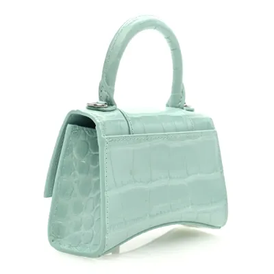 Balenciaga Hourglass Mini Top Handle Bag With Chain Green Acqua Crocodile Embossed Shiny Calfskin Leather