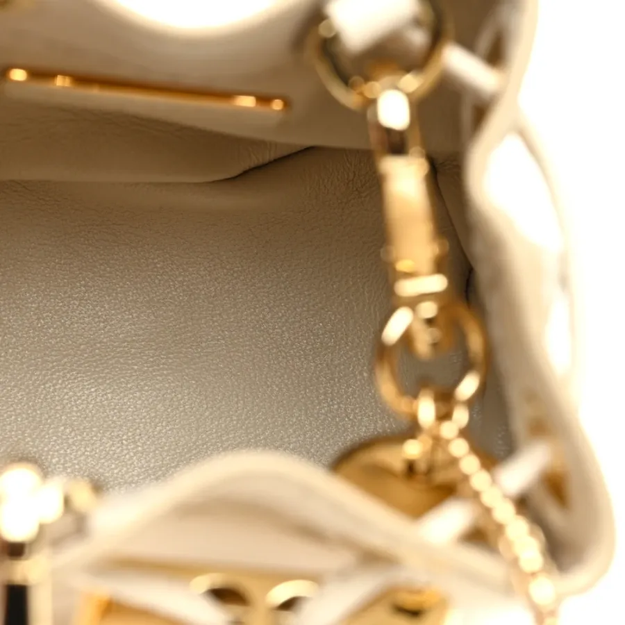 Prada Mini Metal Triangle Logo Drawcord Pouch Shoulder Bag Avorio Vernice Leather Gold Hardware