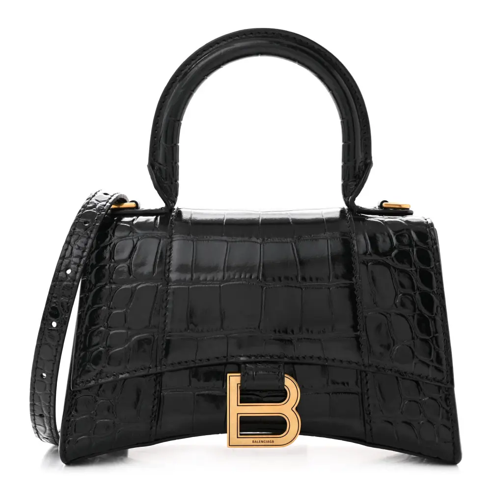 Balenciaga XS Bolsa Hourglass com Alça de Mão Preto Crocodilo Relevado Couro Bezerro Brilhante Hardware Dourado