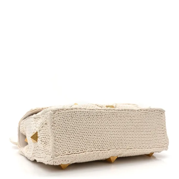Valentino Garavani Large Roman Stud Shoulder Bag Ecru Knit Gold Hardware - Image 5