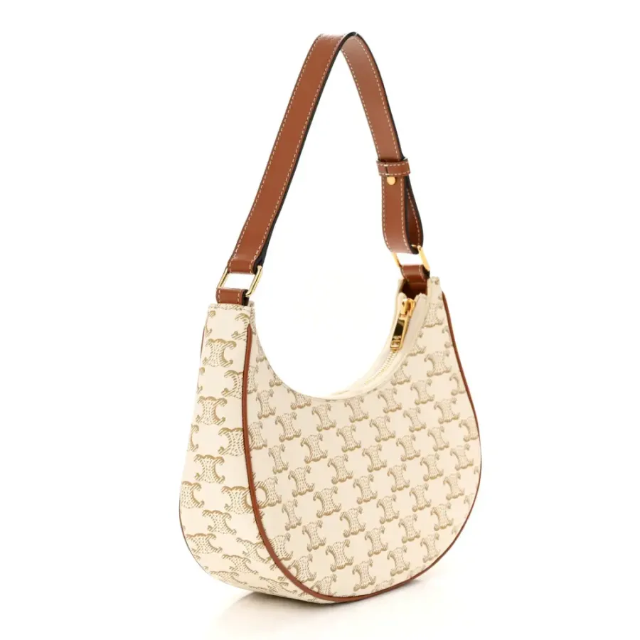 Celine Small Ava Triomphe Shoulder Bag White Canvas & Calfskin Leather Gold Hardware $430