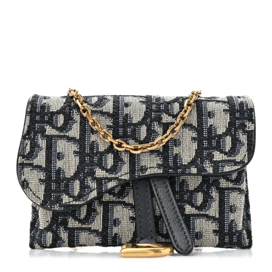 Dior Nano Saddle Chain Pouch Blue Oblique Canvas Gold Hardware