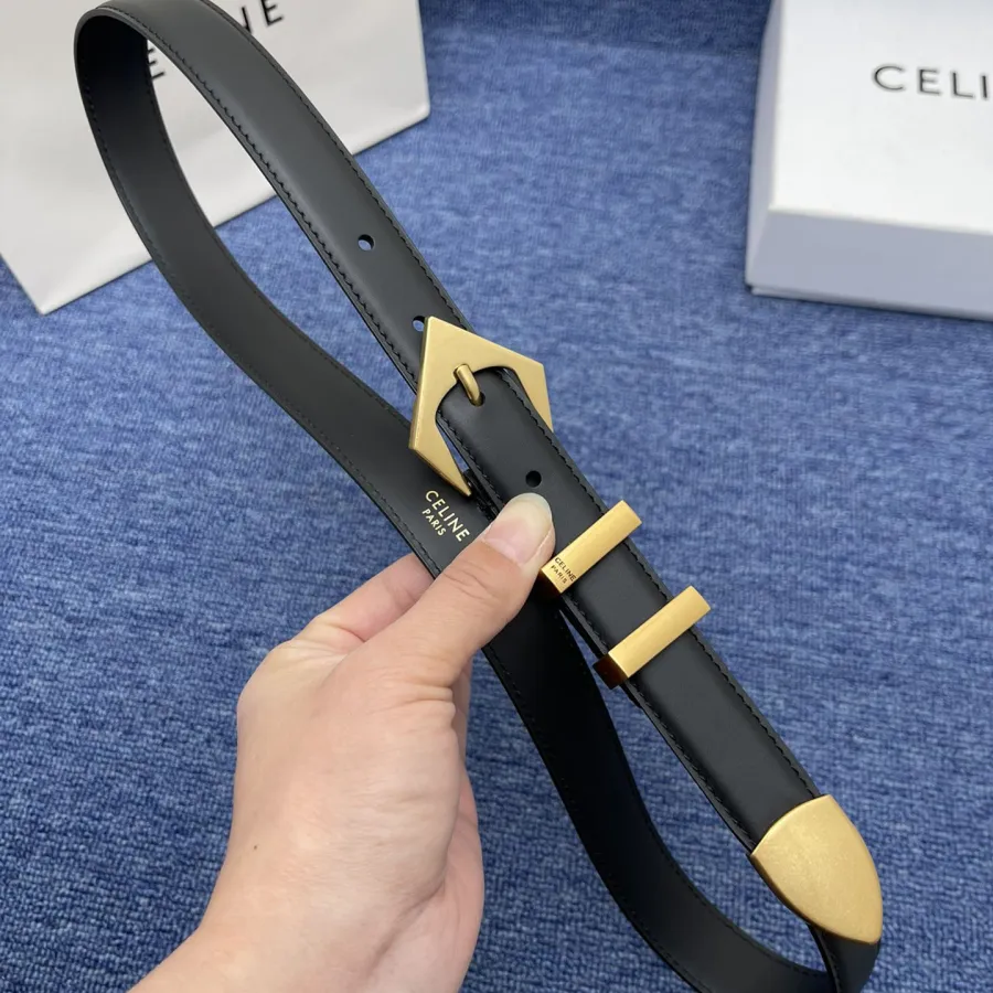 Celine Triangled Buckle Reversible Belt In Brown/Black/Red Calfskin With Gold Hardware 25mm