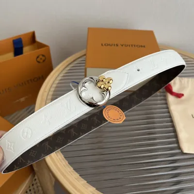 Louis Vuitton Women's Flowergram Round Buckle Reversible Belt In Black/White/Brown Calfskin And Monogram Canvas With Gold/Silver Hardware 30mm