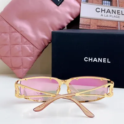 CHANEL square frame glasses pink gold color size 64-11-120