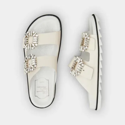 Roger Vivier Slidy Viv' Mules Sandals In White Leather With Crystal Buckle