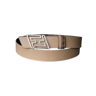 Fendi Men's Faster Reversible Belt In Beige/Black/Brown Calfskin And Monogram Canvas With Gold/Silver Hardware 35mm