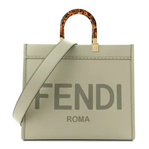 Fendi Medium Logo Embossed Sunshine Shopper Tote Green Tea King Vitello Leather & Plexiglass Gold Hardware