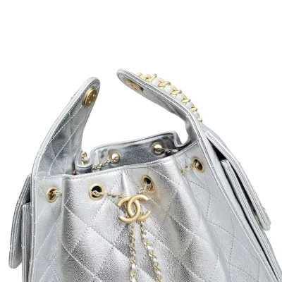 Chanel Silver Quilted Grained Leather Shoulder Bags